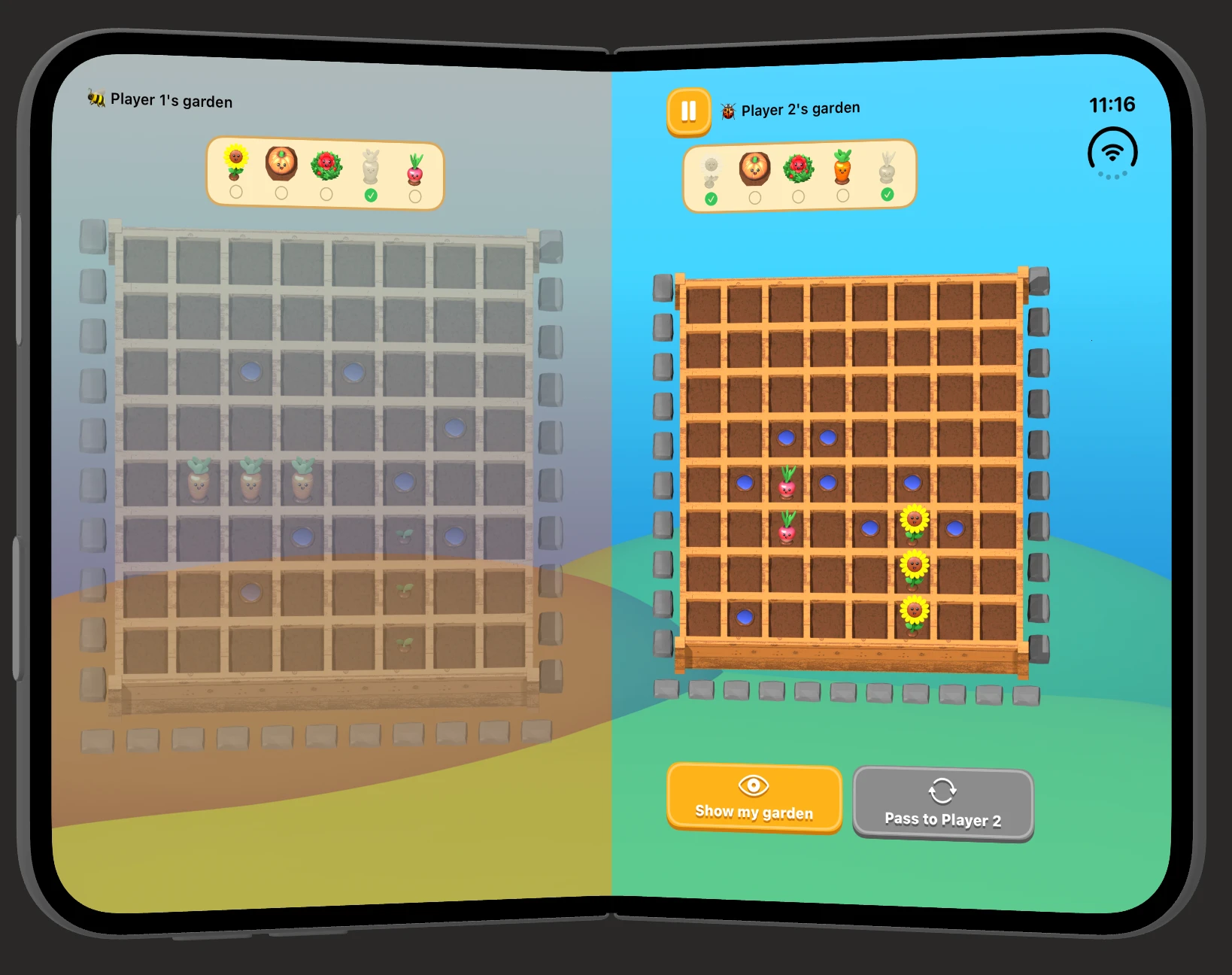 Bloom Hunt on iPhone Duo opened like a book: Player 1's dimmed garden on the left half and Player 2's garden with Show my garden and Pass to Player 2 buttons on the right half.