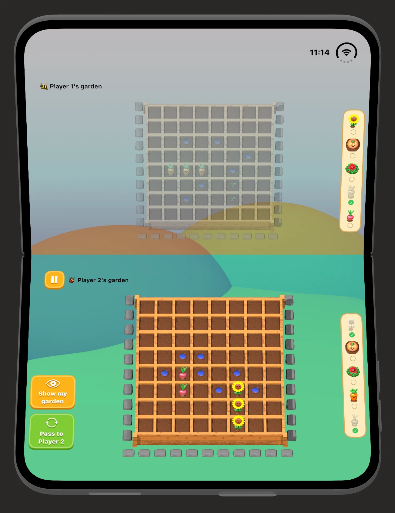 Bloom Hunt on iPhone Duo folded like a laptop: Player 1's dimmed garden on the top half and Player 2's garden on the bottom half.