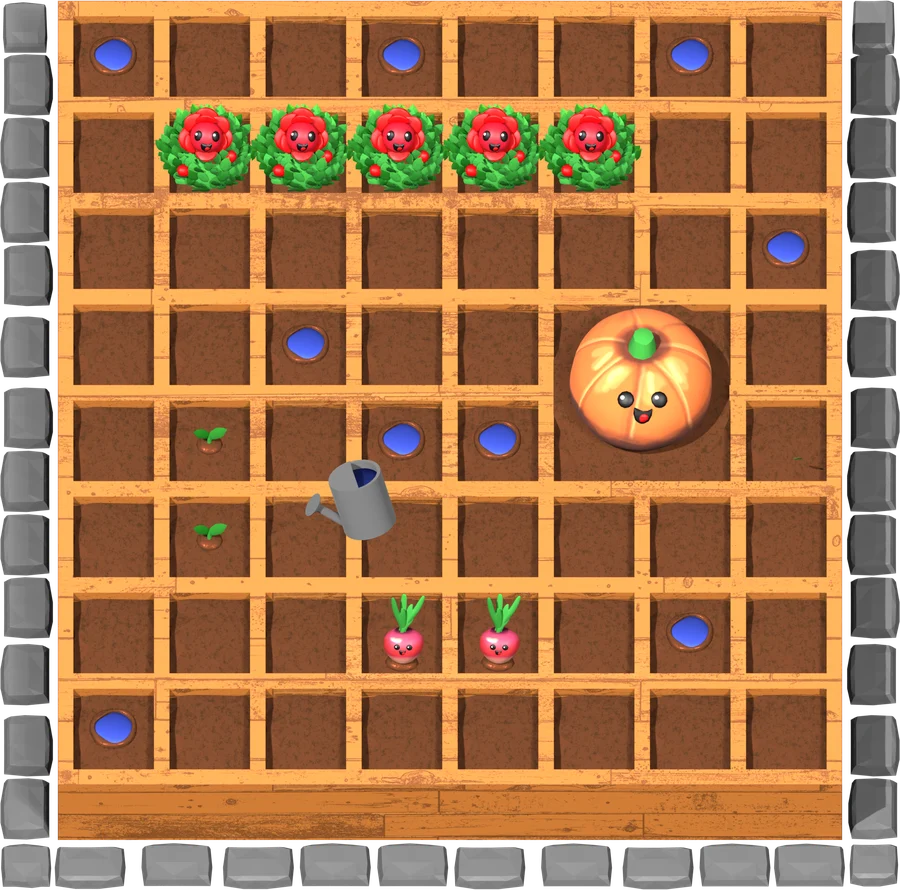 A Bloom Hunt garden bed mid-game: a row of rose bushes and a giant pumpkin in bloom, two radishes found, sprouts where a sunflower is being uncovered, and blue puddles on missed squares.