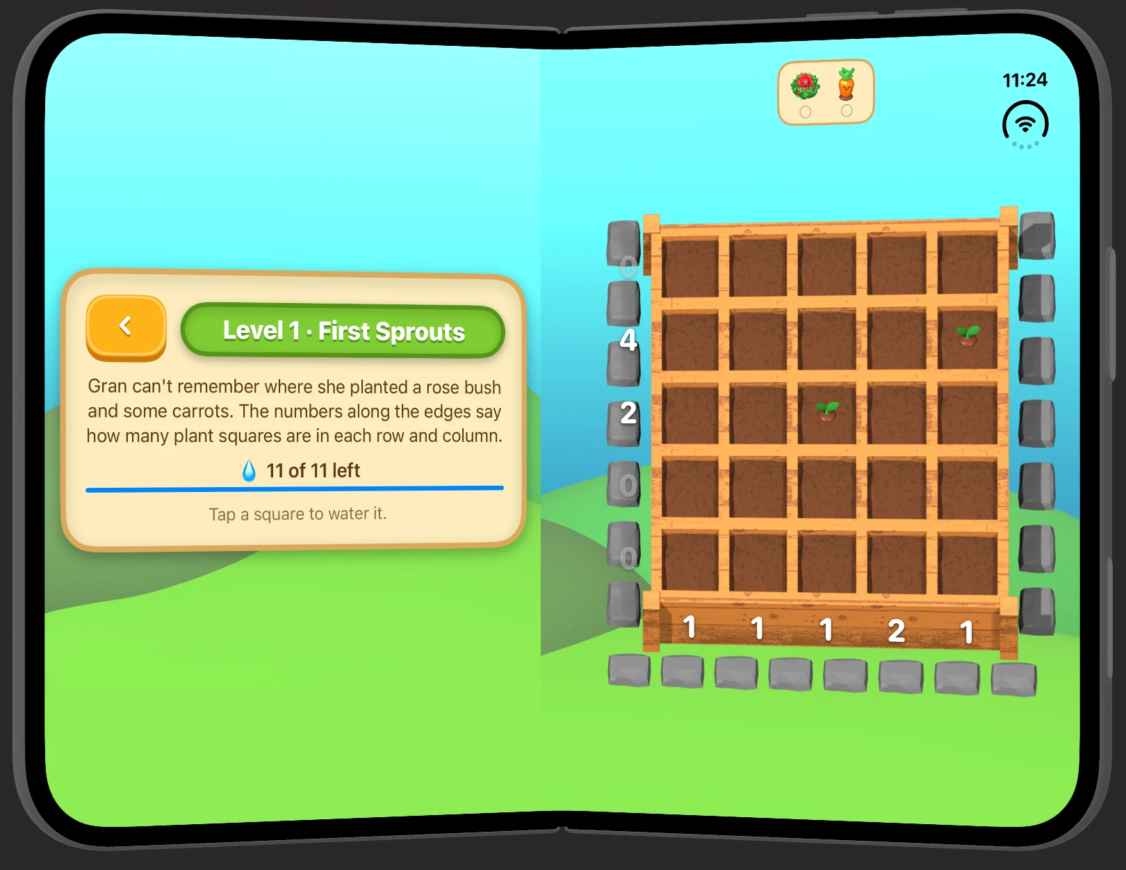 Level 1, First Sprouts, on iPhone Duo opened like a book: a hint from Gran on the left and a five-by-five garden bed with row and column counts on the right.