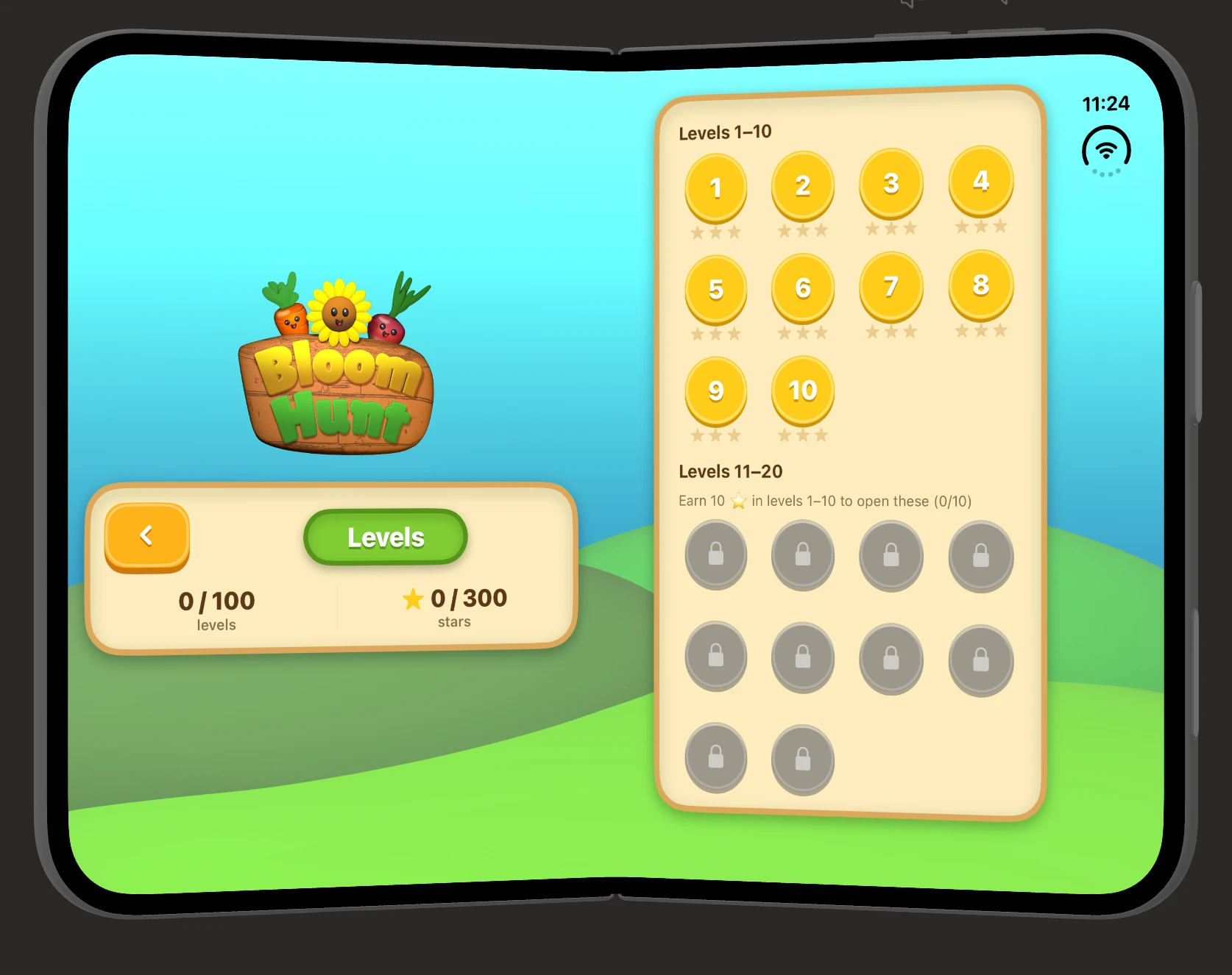 The level picker on iPhone Duo: levels 1 to 10 unlocked with star ratings, and levels 11 to 20 locked.