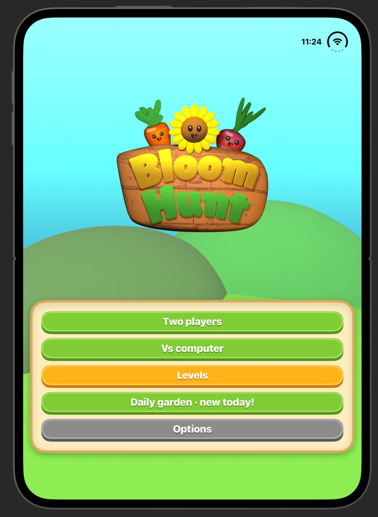Bloom Hunt's main menu on iPhone Duo: Two players, Vs computer, Levels, Daily garden and Options.
