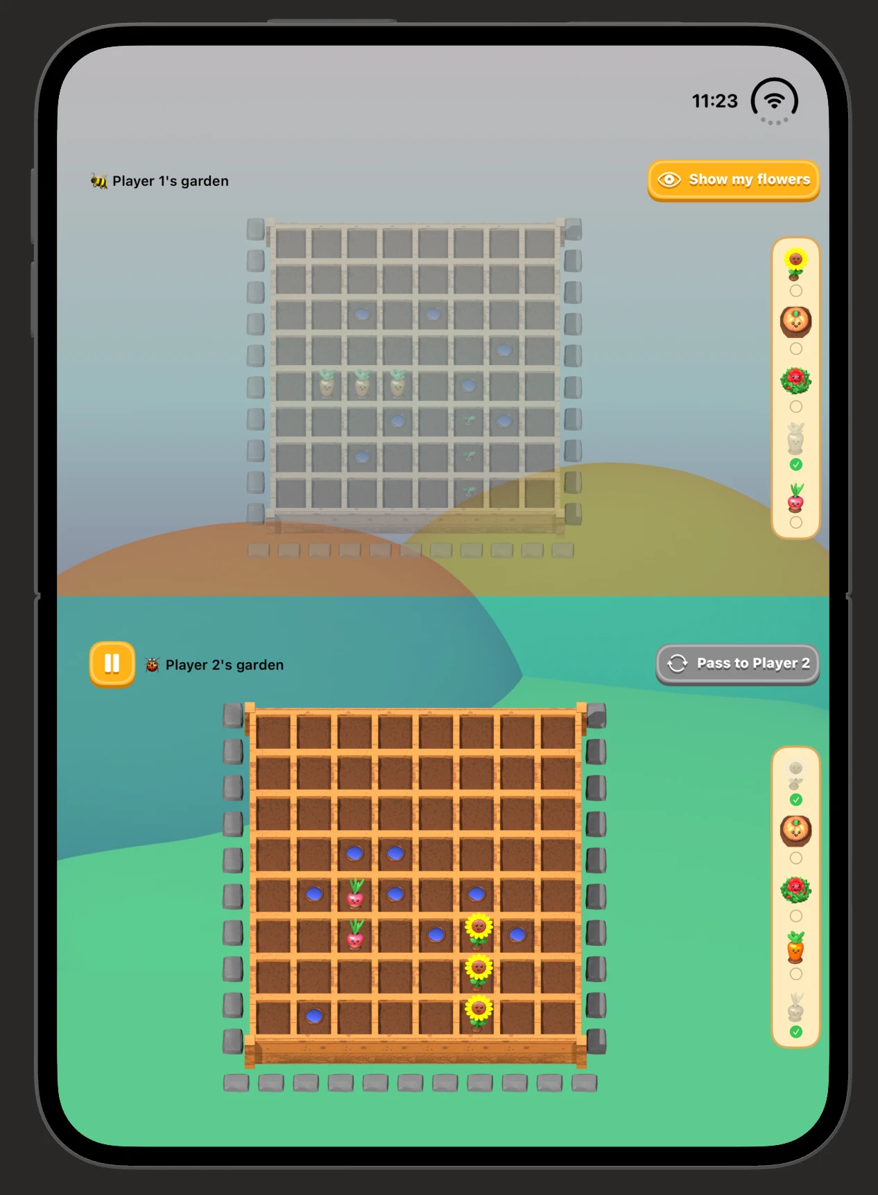 Two-player game on iPhone Duo folded like a laptop: Player 1's dimmed garden on the top half, Player 2's garden on the bottom half.